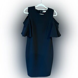 Calvin Klein Cold-Shoulder Ruffle Sleeve Sheath Dress – Black – Chic & Modern